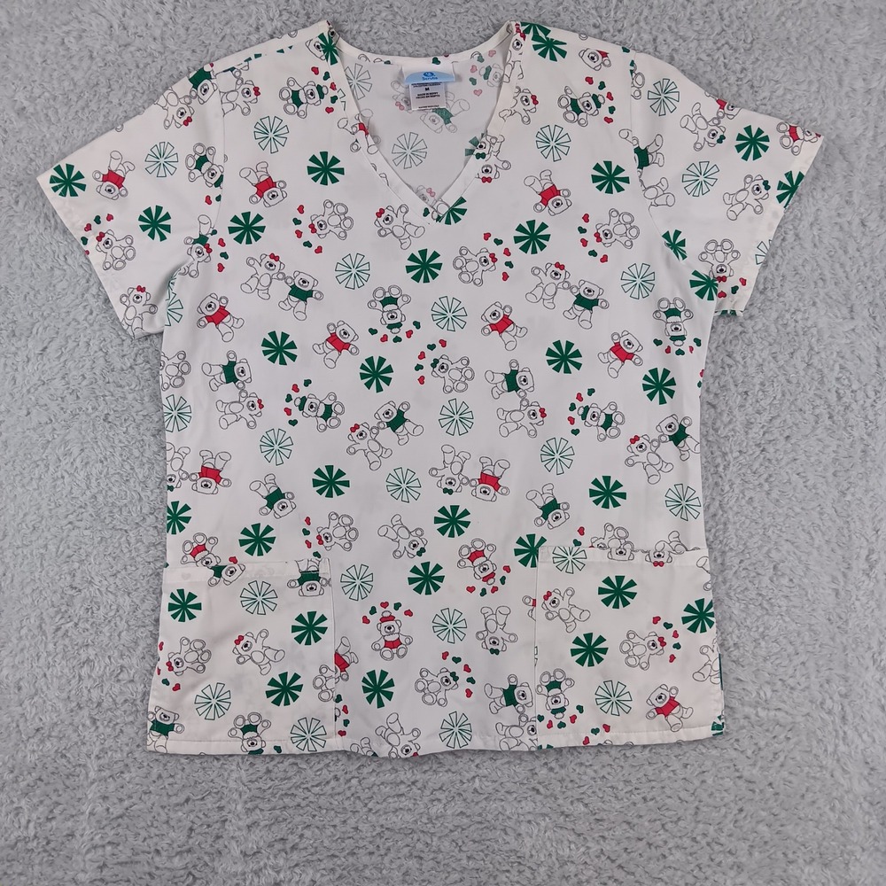 SB Scrubs Womens Medium V-Neck Scrub Top‎ White Teddy Bear Print SZ42300TB